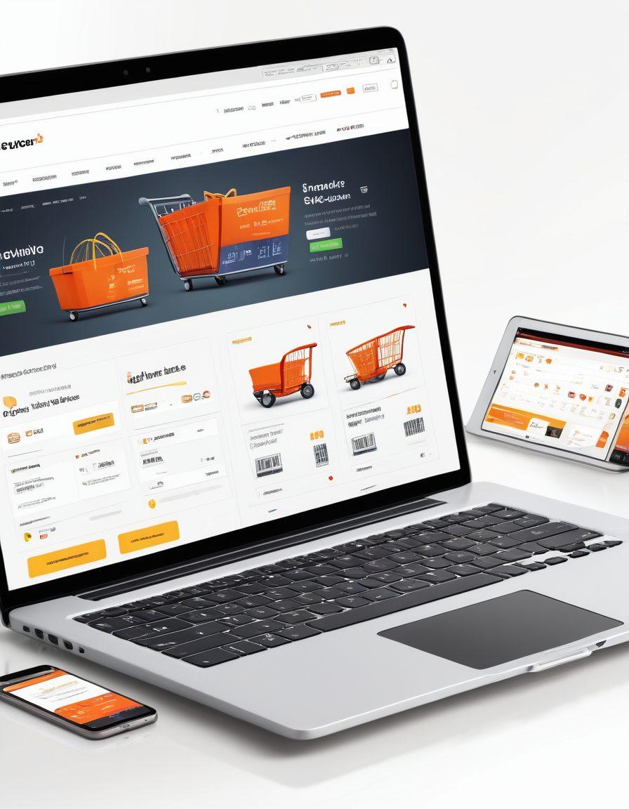 A sleek and modern e-commerce website interface displayed on multiple devices (laptop, tablet, smartphone), showcasing a busy online store with shopping carts, discount tags, and sales graphs soaring upwards. Elegant code snippets integrated into the design to represent web optimization techniques. All elements glow subtly to indicate efficiency and success. high-tech, super-realistic, vibrant colors, white background.